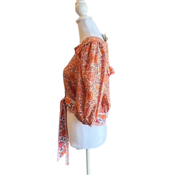 Rachel Zoe Cropped Boho V-front Tie-Front Floral Linen Top Orange & Purp… - Picture 3 of 11
